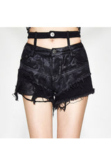 Black Double Waistband Burr Distressed Women's Punk Shorts - Product - 5