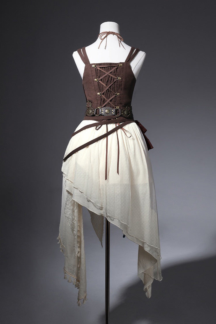 Brown/White [Dune Shadow Seeker] Sleeveless Ruffled Embroidered Irregular Vintage Lolita Skirt Set - Product - 4