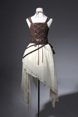 Brown/White [Dune Shadow Seeker] Sleeveless Ruffled Embroidered Irregular Vintage Lolita Skirt Set - Product - 4