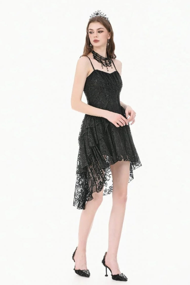 Black Lace-Up Women's Gothic High-Low Multi-Layered Ruffled Tail Lace Slip Dress - Product - 2