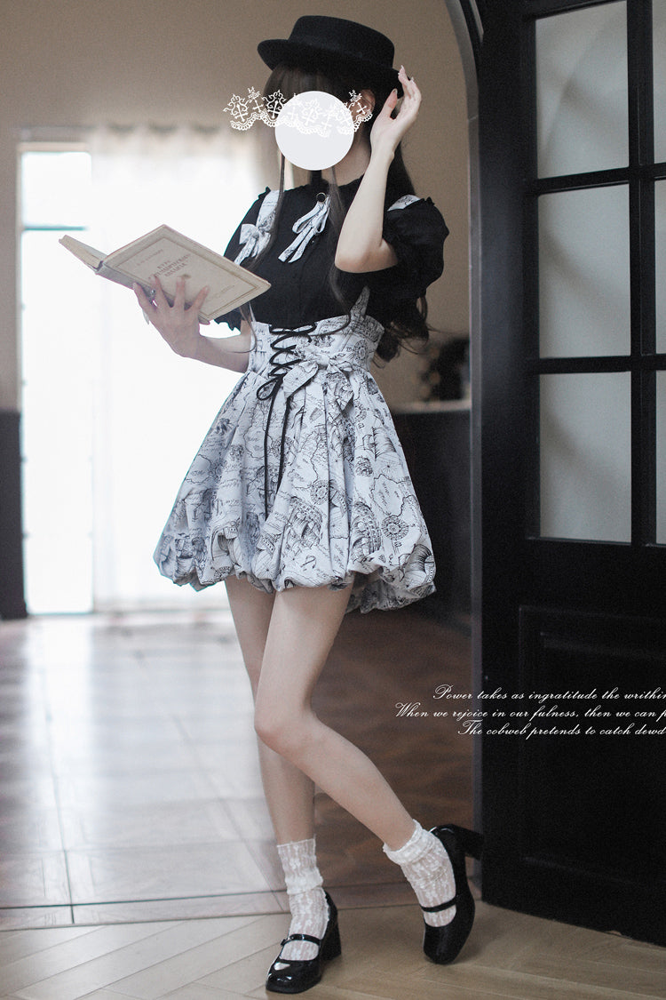 Grey [Elise] Print Bowknot Lace-Up Sweet Vintage Lolita Skirt - Product - 11