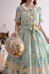 Green [Lemon Chicken] Short Sleeves Print Ruffle Bowknot Lace Daily Sweet Lolita Dress - Product - 2