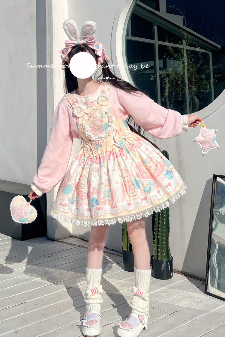 Kawaii Bears Print Yellow Bowknot Stitching Lace Sweet Lolita Strap Dress - Product - 4