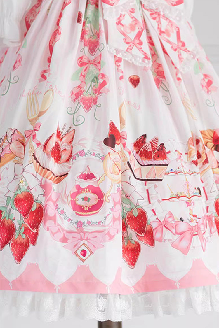 [Strawberry Feast] Short Sleeves Printed Ruffled Bow Sweet Lolita Dress 4 Colors - Pink - 9