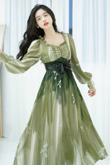 Green French Oil Painting Square Collar Long Sleeves High Waisted Long Sweet Lolita OP Dress - Product - 3