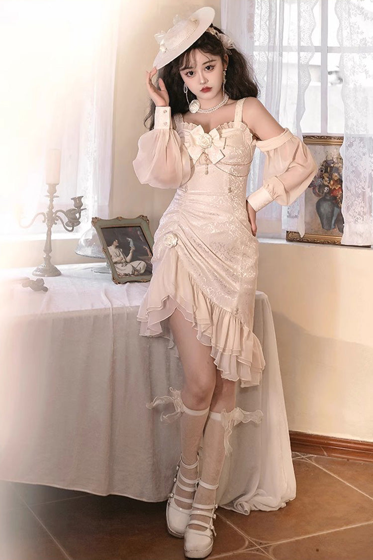 Champagne [Camellia 2.0] Sleeveless Jacquard Ruffle Lace Asymmetric Sweet Chinese Style Fishtail Lolita Jsk Dress - Champagne - 1