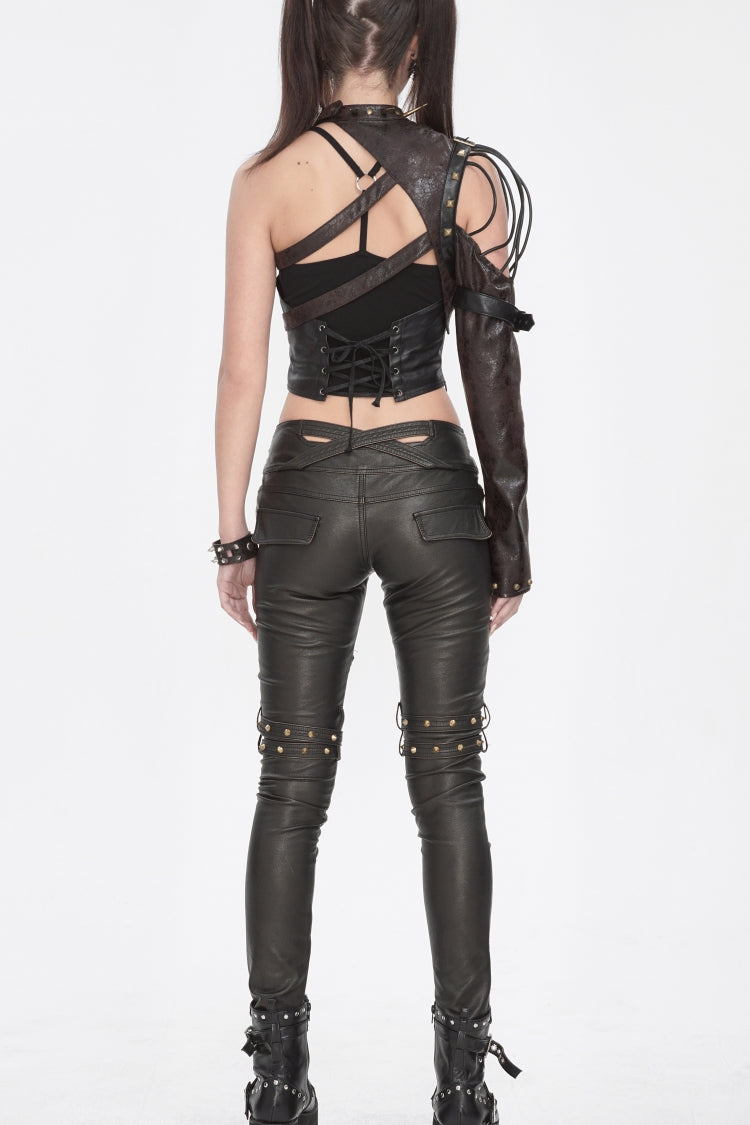 Brown Asymmetric Studded Buckled Eyelet Women's Punk Accessory Faux Leather Harness - Product - 8