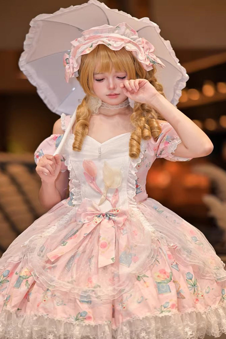 Pink [Tulip's Letter] Off Shoulder Short Sleeves Print Ruffle Bowknot Lace Sweet Elegant Lolita Dress - Product - 3
