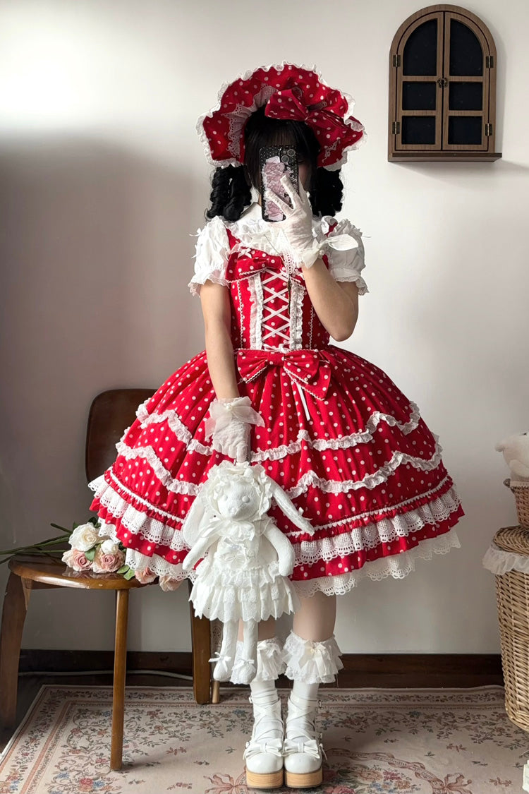 Red Polka Dots Print Ruffle Bowknot Lace-Up Sweet Lolita Dress - Product - 4