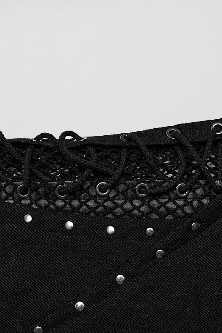Black Stitching Lace-Up Mesh Men's Gothic Flared Pants - Product - 7