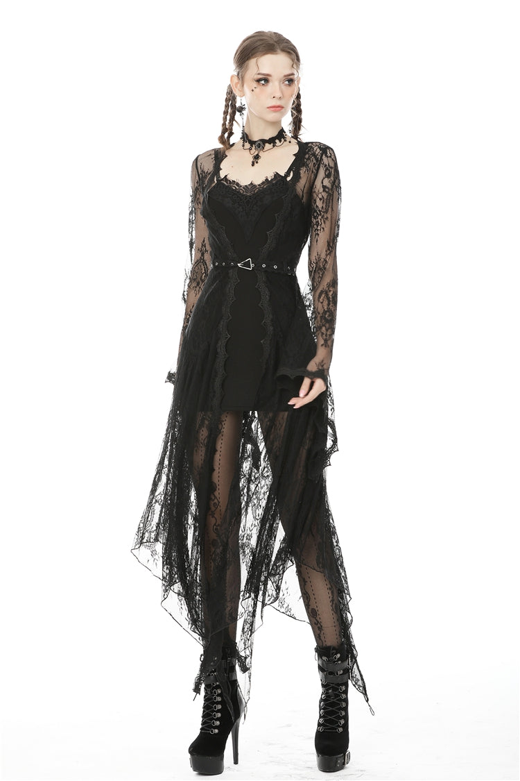 Black Long Trumpet Sleeves Sheer Floral Lace Women's Gothic Maxi Cloak with Belts - Product - 8