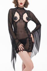 Black High-Neck Sexy Perspective Open-Chested Lace Flared Sleeves Women's Gothic Dresses With Chest Stickers - Black - 1