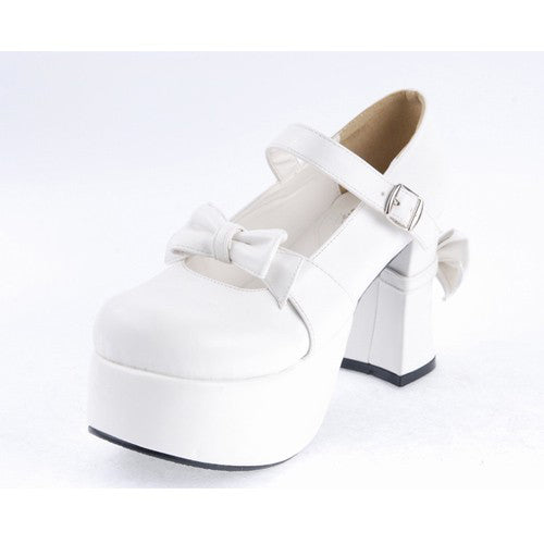 White Patent Leather Round Toe Strap Bowknot Platform Lolita Shoes - Product - 6