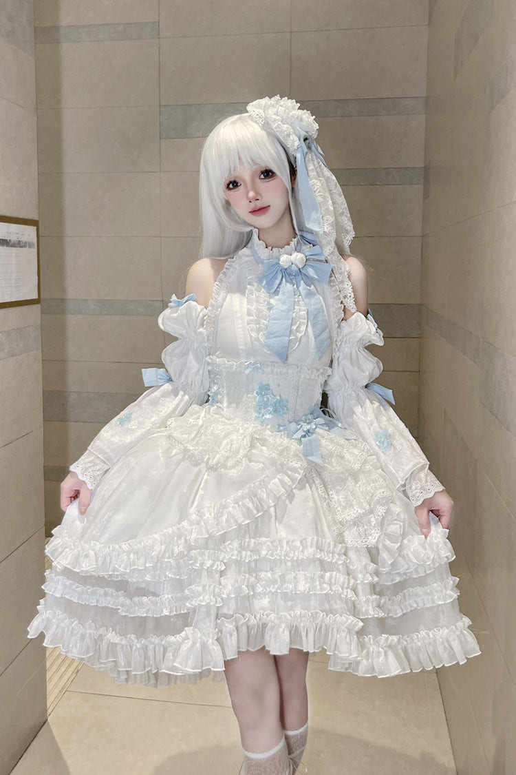 White Detachable Long Trumpet Sleeves Triple-Layered Ruffle Hanayome Bowknot Lace Sweet Lolita Dress - White - 1