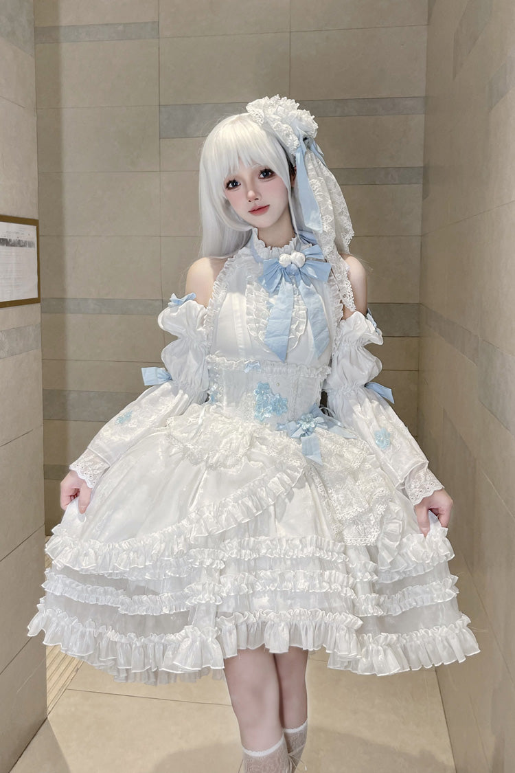 White Detachable Long Trumpet Sleeves Triple-Layered Ruffle Hanayome Bowknot Lace Sweet Lolita Dress - White - 1