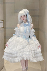 White Detachable Long Trumpet Sleeves Triple-Layered Ruffle Hanayome Bowknot Lace Sweet Lolita Dress - White - 1