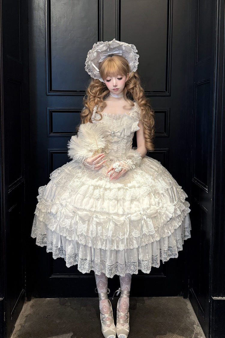White [Eternal Floral Message] Square Collar Sleeveless Multi-Layered Hanayome Embroidered Bow Lace Sweet Lolita Jsk Dress - Product - 6