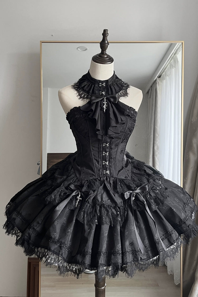 Black [Silver Moon Thorn] Off Shoulder Sleeveless Jacquard Ruffled Bow Patchwork Lace Gothic Lolita Skirt Two-piece Set - Black(Top+Skirt+Bow) - 2