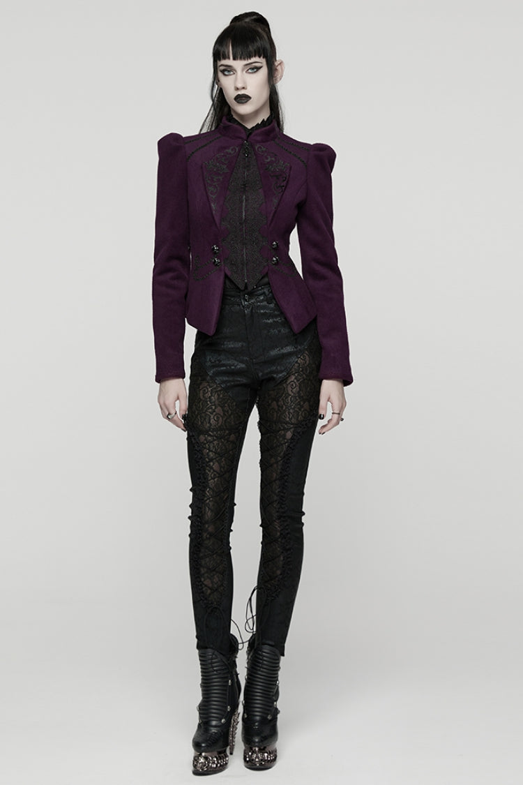 Purple Stand Collar Long Sleeves Embroidered Lace-Up Zippered Women's Gothic Jacket - Product - 4