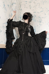 Black [Sleepwalking] Long Hime Sleeves Stitching Lace Plus Size Gothic Elegant Lolita Skirt Set - Product - 6