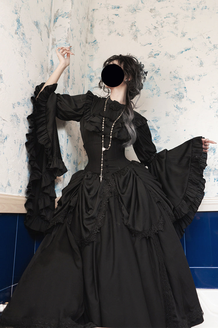 Black [Sleepwalking] Long Hime Sleeves Stitching Lace Plus Size Gothic Elegant Lolita Skirt Set - Product - 6