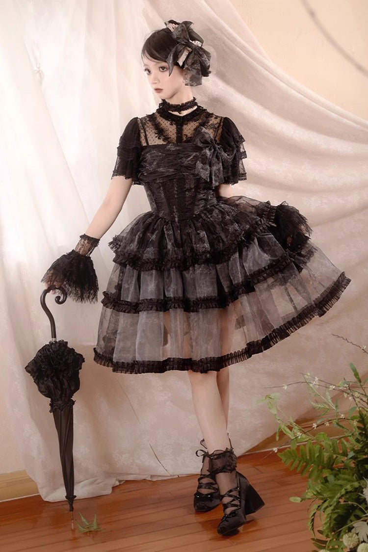 Black Multi-layer Butterfly Print Bowknot Lace Fish Bone Gothic Lolita Jsk Dress - Product - 5
