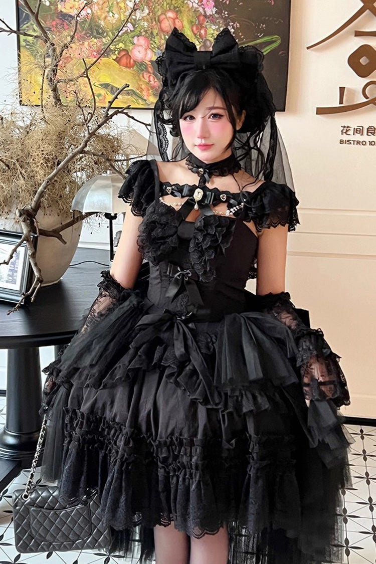 Black [Jewelry Love Story] Halterneck Ruffle Hanayome Bowknot Lace Gothic Lolita Dress - Product - 7