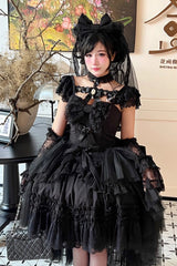 Black [Jewelry Love Story] Halterneck Ruffle Hanayome Bowknot Lace Gothic Lolita Dress - Product - 7