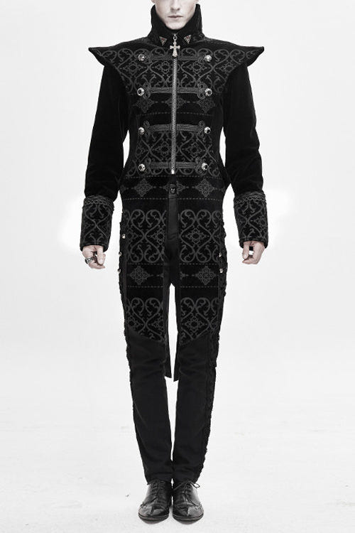 Black High Collar Chinese Palace Floral Pattern Velvet Long Mens Gothic Coat - Black - 1