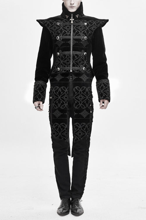 Black High Collar Chinese Palace Floral Pattern Velvet Long Mens Gothic Coat - Black - 1