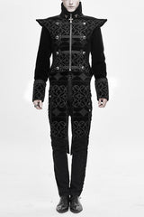 Black High Collar Chinese Palace Floral Pattern Velvet Long Mens Gothic Coat - Black - 1
