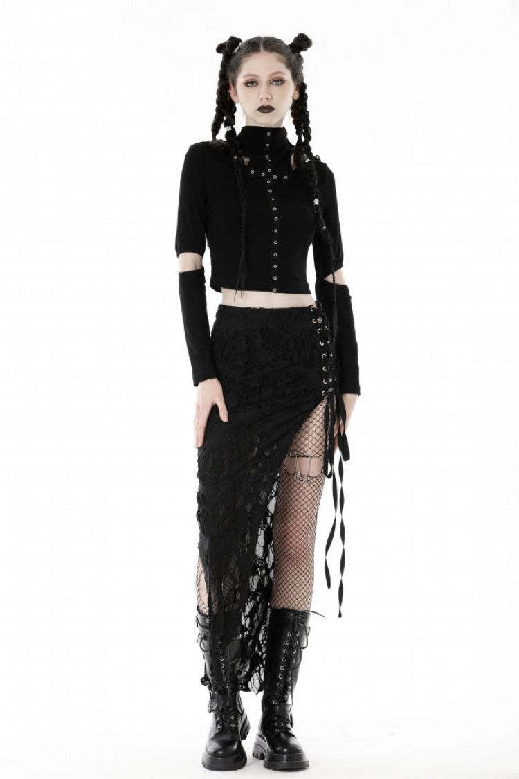Black Metal Cross Eyelet Long Sleeves Cut-Out Women's Punk Crop Top with Ripped Hood - Product - 6