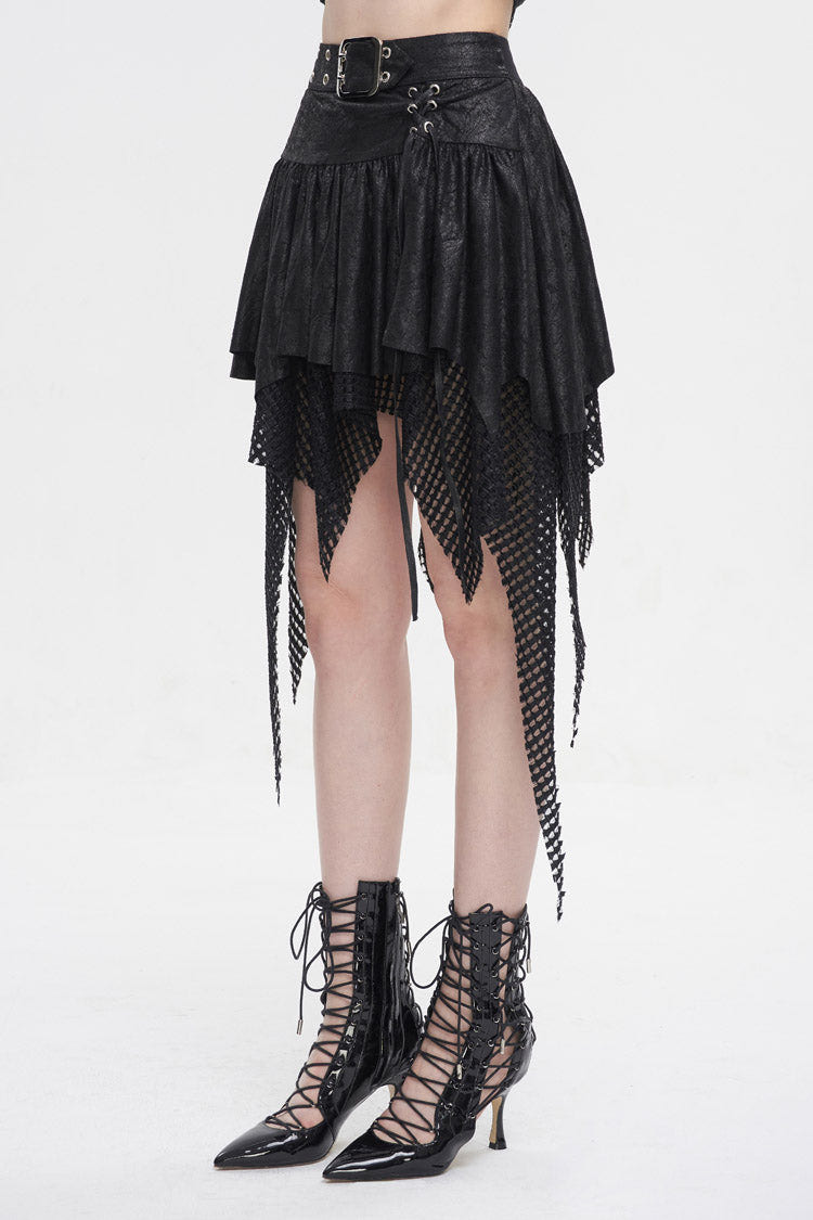 Black Lrregular Mesh Splice Buckle Women's Gothic Skirt - Product - 3