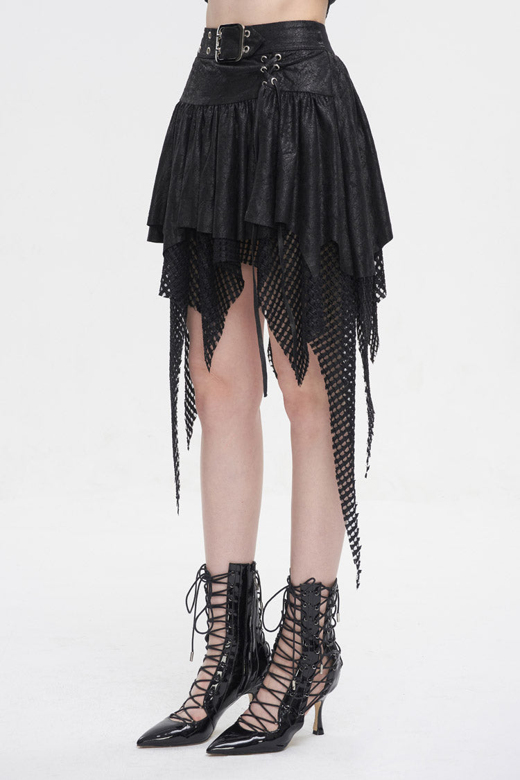 Black Lrregular Mesh Splice Buckle Women's Gothic Skirt - Product - 3