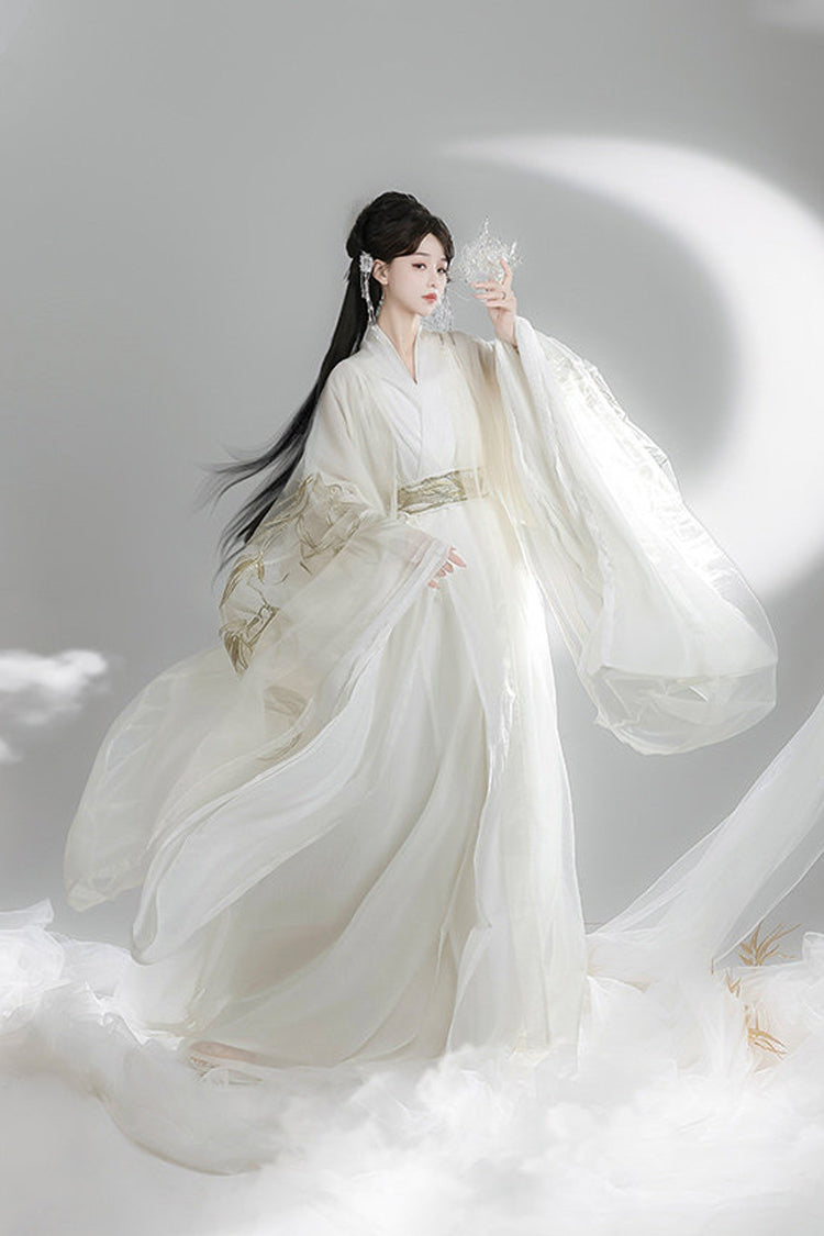 White [Bamboo Leaves] V Collar Trumpet Sleeves High Waisted Embroidered Women's Classic Hanfu Dress Set - Product - 2