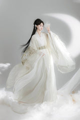 White [Bamboo Leaves] V Collar Trumpet Sleeves High Waisted Embroidered Women's Classic Hanfu Dress Set - Product - 2