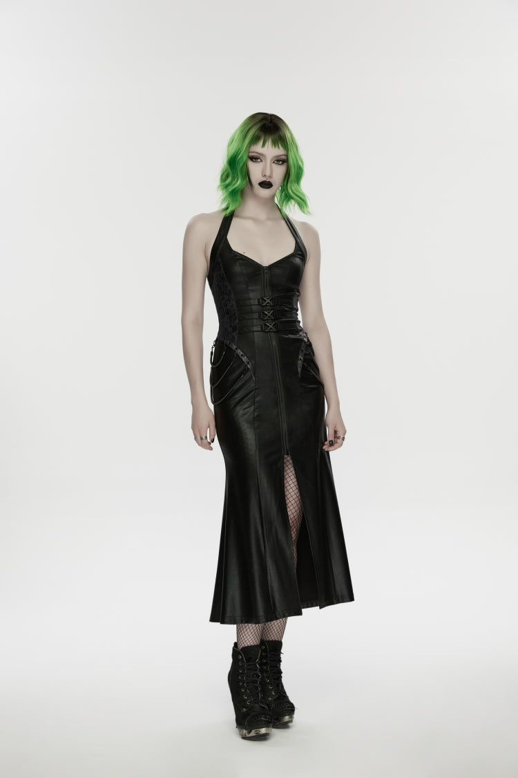 Black Halterneck Sleeveless Lace-Up Slim Buckled Women's Punk Dress - Black - 1