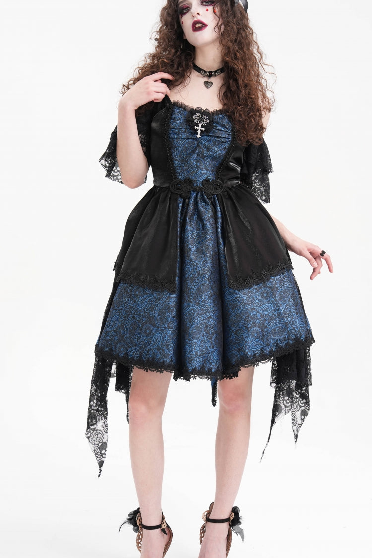 Blue Halterneck Lace Lace-Up Irregular Hem Women's Gothic Dress - Product - 9