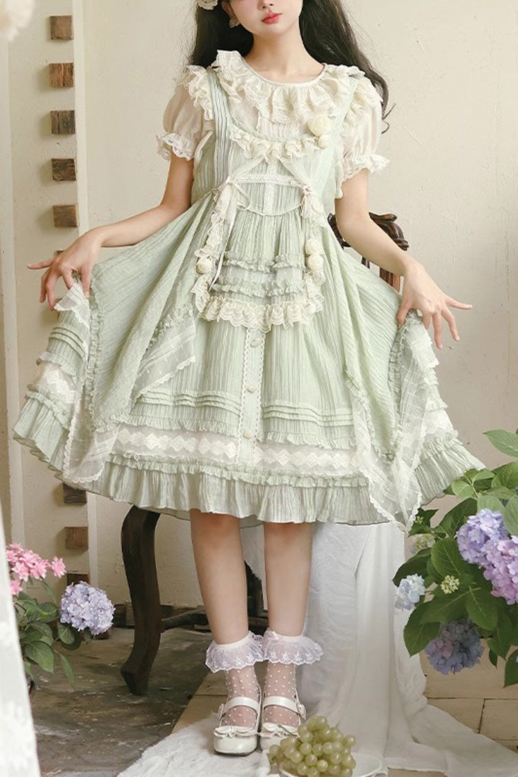 Green Doll Window Ruffle Sweet Lolita Jsk Tiered Dress - Green - 1