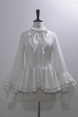 Black [Ash] Lapel Collar Long Sleeves Ruffled Bow Classic Vintage Elegant Prince Ouji Lolita Blouse Shorts Vest Set - Blouse(Only) - 12