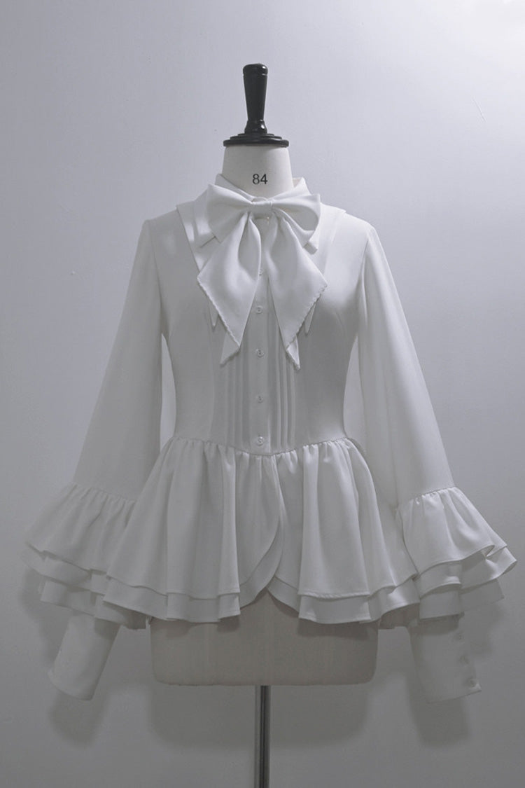 Black [Ash] Lapel Collar Long Sleeves Ruffled Bow Classic Vintage Elegant Prince Ouji Lolita Blouse Shorts Vest Set - Blouse(Only) - 12