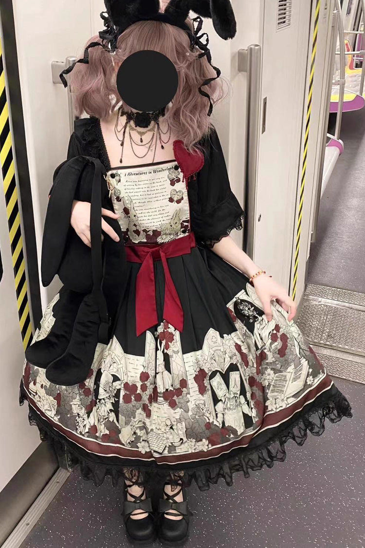 Black [Alice of the Asylum] Print Bowknot Lace Gothic Lolita Dress 2 Versions - Product - 8