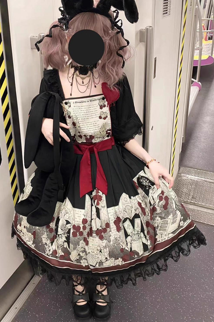 Black [Alice of the Asylum] Print Bowknot Lace Gothic Lolita Dress 2 Versions - Product - 8