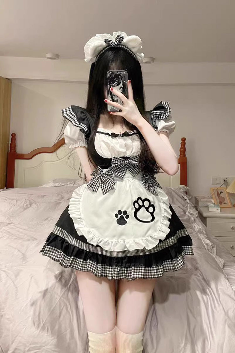 Black/White Plus Size Short Sleeves Cat Paw Print Sweet Lolita Maid Dress - Product - 4