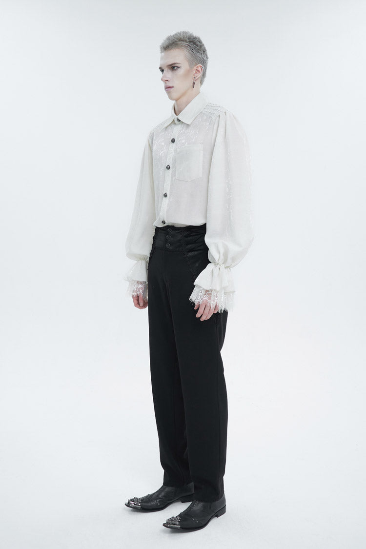 White Lapel Collar Puff Sleeved Lace Hem Men's Gothic Shirt - Product - 4