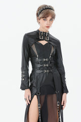 Black PU Leather Long Sleeves Buckled Strap Zippered Women's Punk Shrug - Black - 1