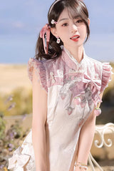 White/Pink [Spring Strawberry] Stand Collar Ruffled Embroidered Lace Color-Blocked Chinese Style Sweet Lolita Dress Cheongsam - Product - 8
