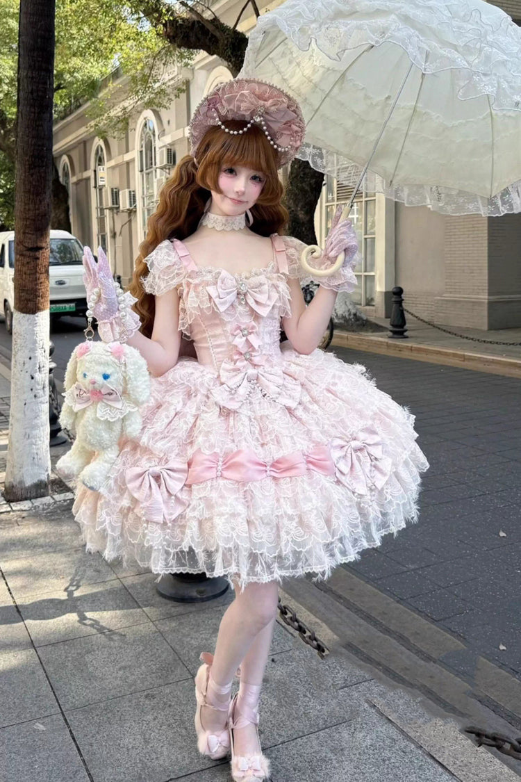 Pink [Cloudborne Snowfeather] Sleeveless Multi-Layered Hanayome Bowknot Pearl Gothic Lolita Jsk Dress - Product - 2
