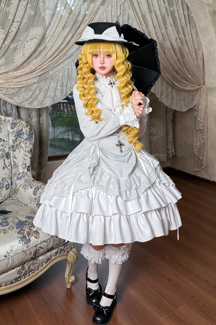 White [Point Manor] Stand Collar Long Sleeves Multi-Layered Striped Printed Ruffled Lifted Hem Bow Gothic Lolita Dress - White - 1