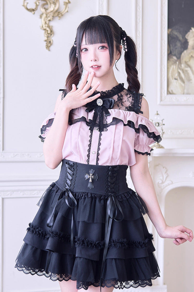 Sweet Off Shoulder Short Sleeves Hollow Bowknot Jirai Kei Japanese Blouse - Pink - 2